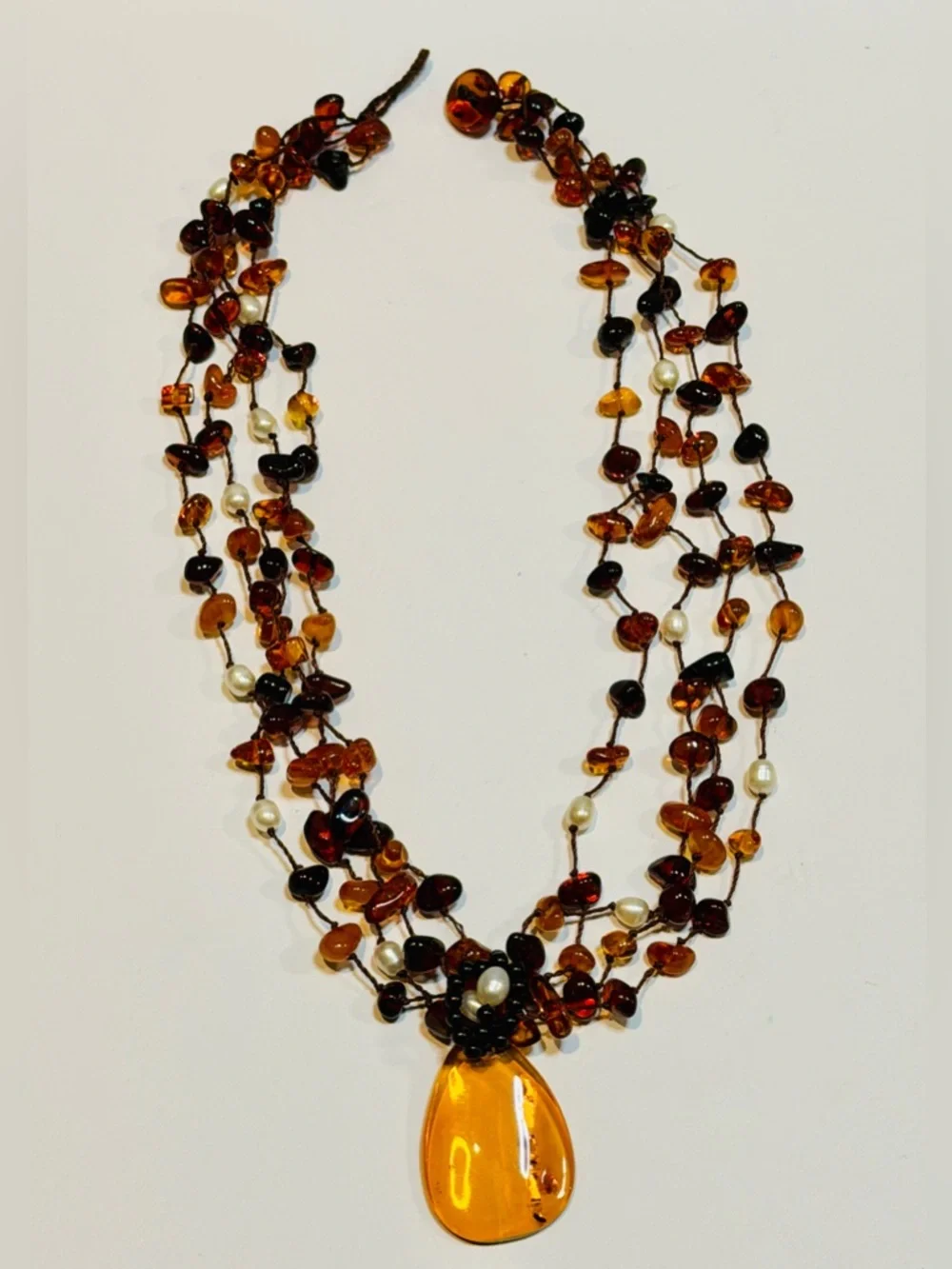 Boho Multi Strand Amber Necklace w/ Large Pendant Statement Piece - Picture 4 of 7